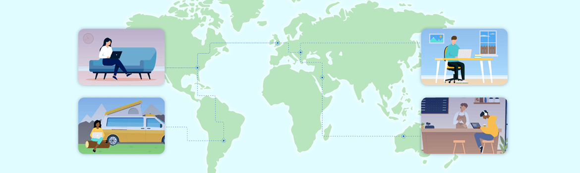Illustration of four hybrid working environments linked to locations on a world map