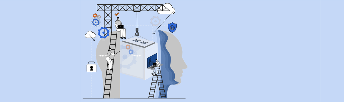 Illustration of a woman and two men in various working positions on ladders surrounding a crane lowering an office cubicle between two halves of a dummies head with cloud security icons in the background