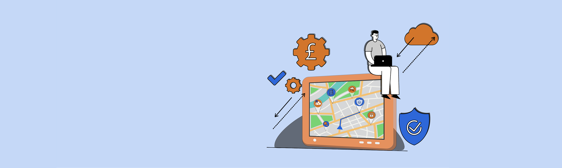 Illustration of a sat-nav device displaying cloud based IT icons above various locations with a route to one of them highlighted on the screen