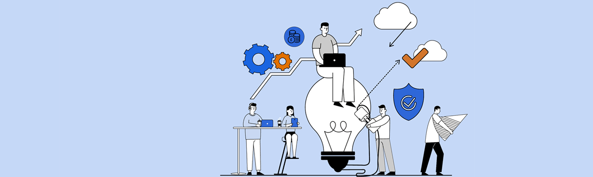 Illustration of four people in various work situations around a man using a notebook computer white sitting on a lightbulb with cloud based IT icons in the background