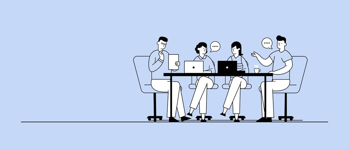 Illustration of four work colleagues having a meeting around a table with notebook computers in an office environment