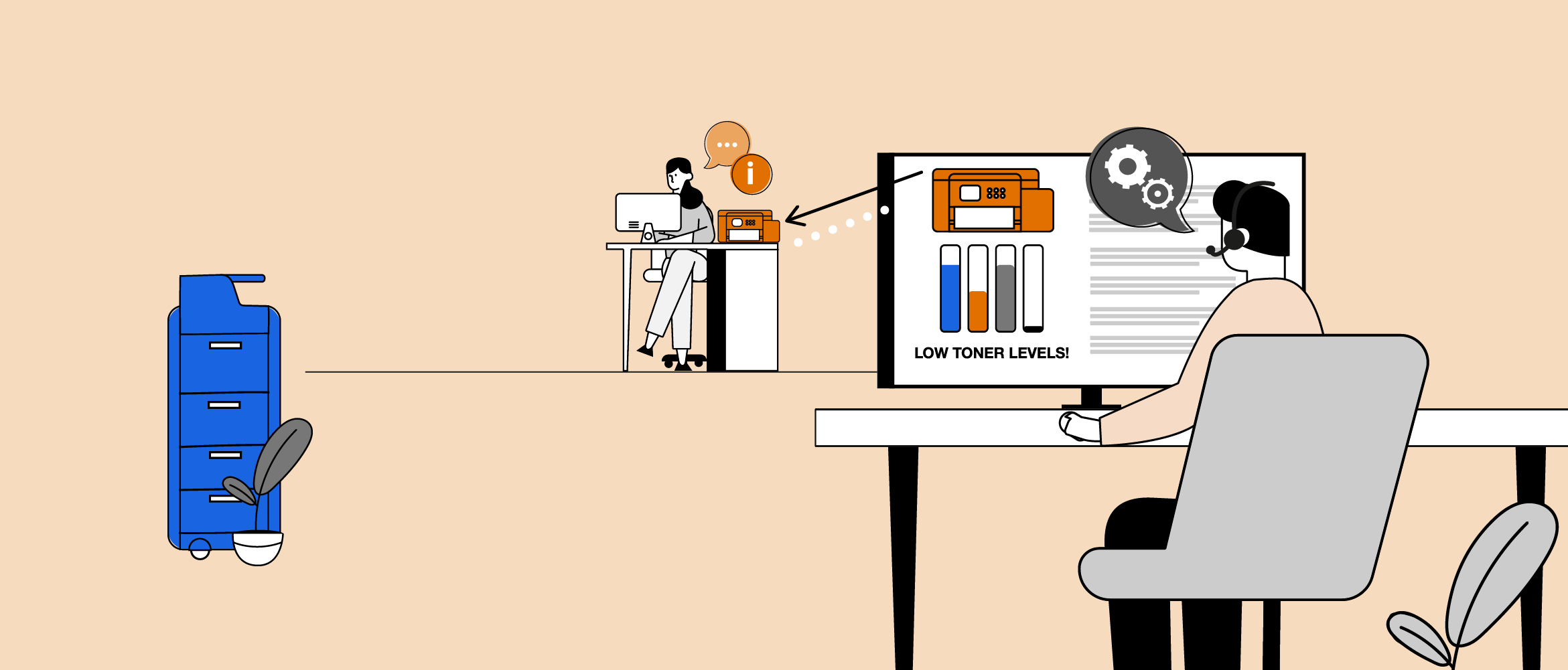 Illustration of an IT support team member who is sat at a desktop computer, remotely managing a printer that's being used by a lady in a hybrid working environment