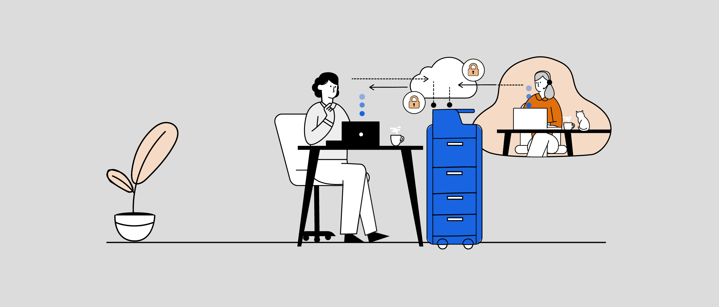Illustration of a woman using a notebook computer at a desk in a home office environment while securely connected to a large printer with an IT team member exchanging data through the cloud
