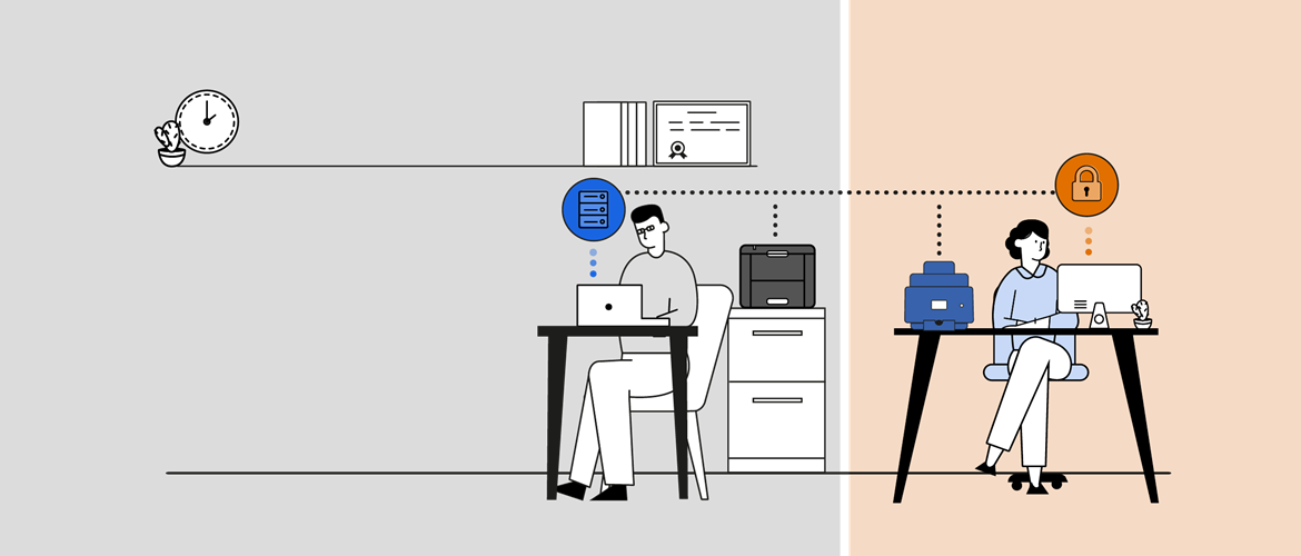 Illustration of a man and a woman, each working at a desk in separate environments, with their computers and printers exchanging data securely