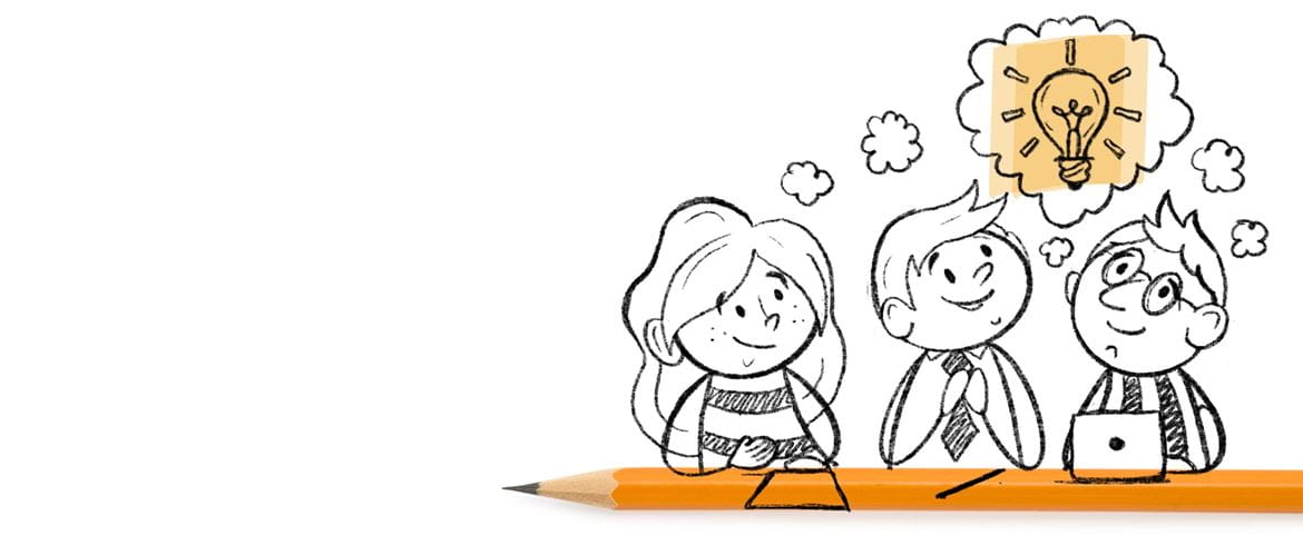 Illustration of three children leaning on a pencil with an illuminated lightbulb in a shared thought bubble