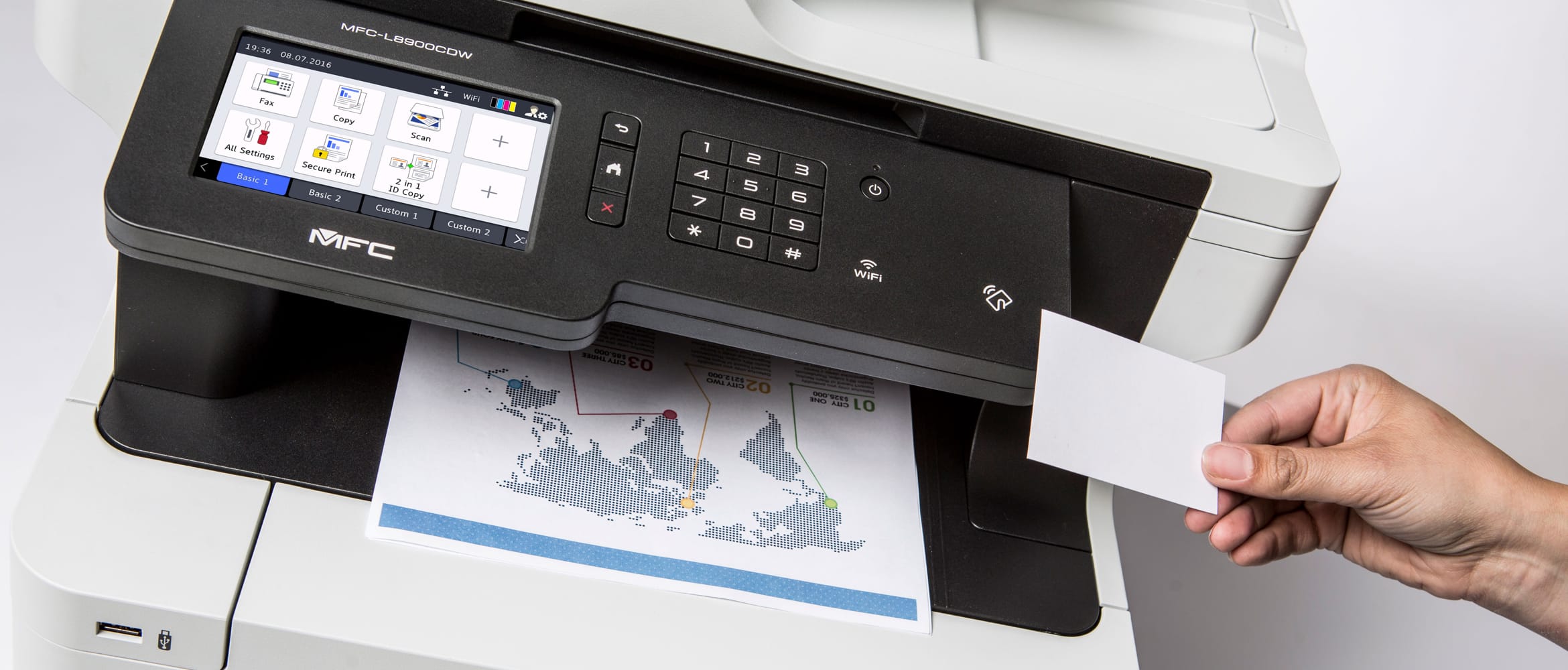 Brother MFC-L8900CDW multifunction colour laser printer hand holding NFC card for secure printing