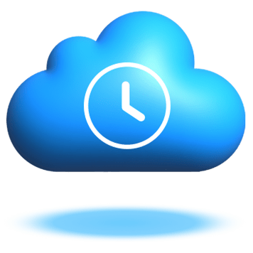 Floating blue cloud graphic with a white clock icon