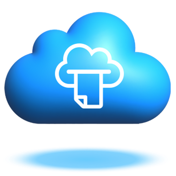 Floating blue cloud graphic with a white cloud print icon