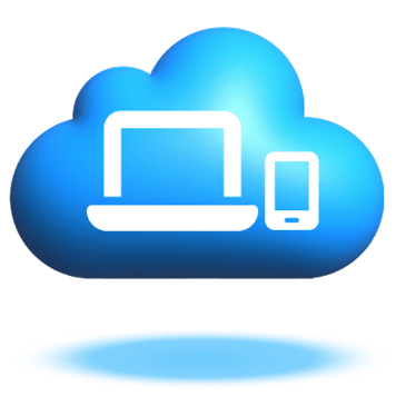 Floating blue cloud graphic with a white mobile devices icon