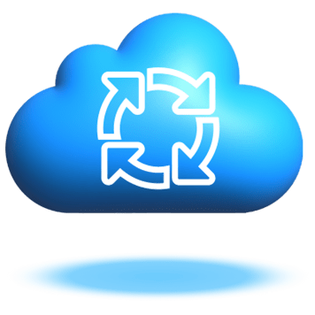 Floating blue cloud graphic with a white circular arrows icon