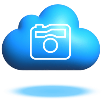 Floating blue cloud graphic with a white camera icon
