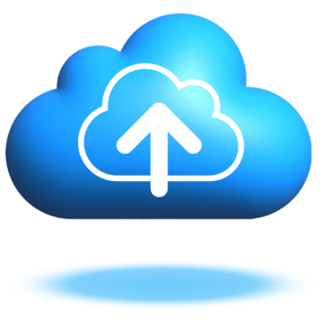 Floating blue cloud graphic with a white cloud upload icon