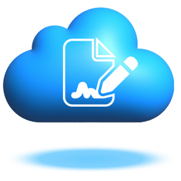 Floating blue cloud graphic with a white document signature icon