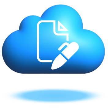 Floating blue cloud graphic with a white document edit icon