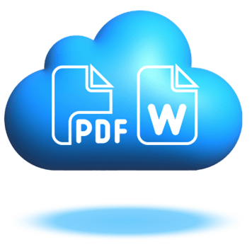 Floating blue cloud graphic with a white document formats icon