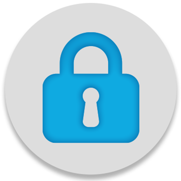 Blue padlock security icon on a round grey background
