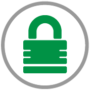 Green padlock icon on a white circular background with grey border