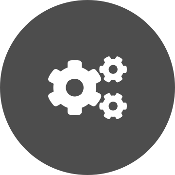 White cogs icon on grey circular background