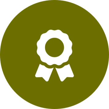 White compliance award icon on a round olive background
