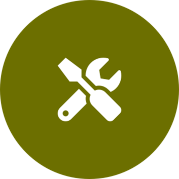 White tools icon on a round olive background