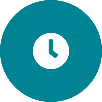 White clock icon on a round teal background