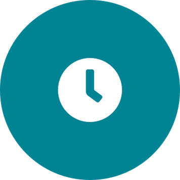 White clock icon on a round teal background