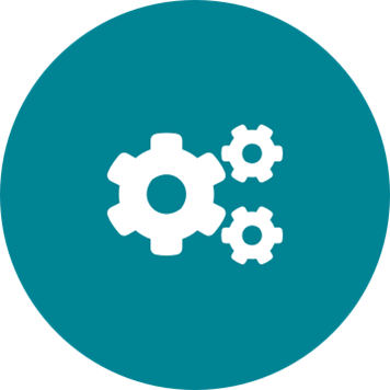 White cogs icon on a round teal background