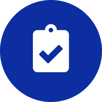 White clipboard check icon on a round dark blue background