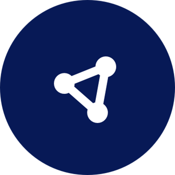 White flow icon on a round dark blue background