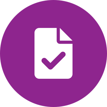 White file check icon on a round purple background