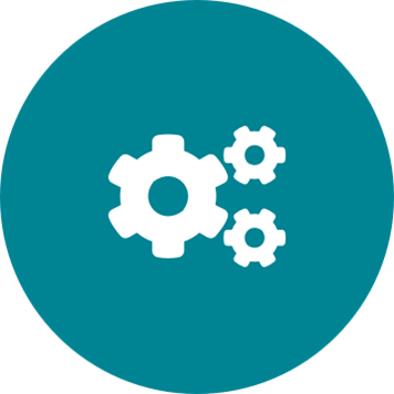 White cogs icon on a round teal background