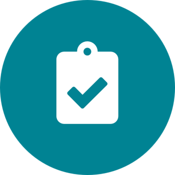 White clipboard check icon on a round teal background