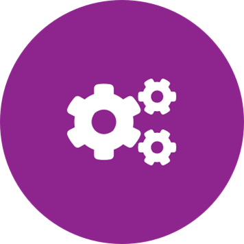 White cogs icon on a round purple background