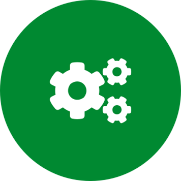 White cogs icon on a round green background