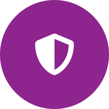 White shield icon on a round purple background