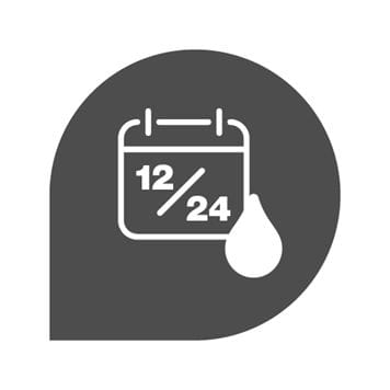 Grey ink drop with a white calendar and ink droplet icon in the middle