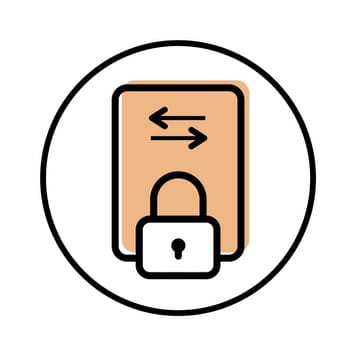 Circular icon with illustration of a padlock and file exchange to represent remote monitoring and management