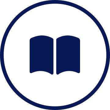 Dark blue book icon on a white background