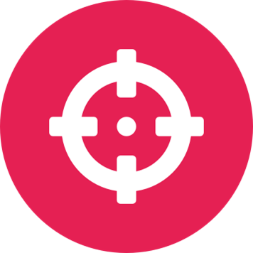 White crosshair icon on a round crimson background