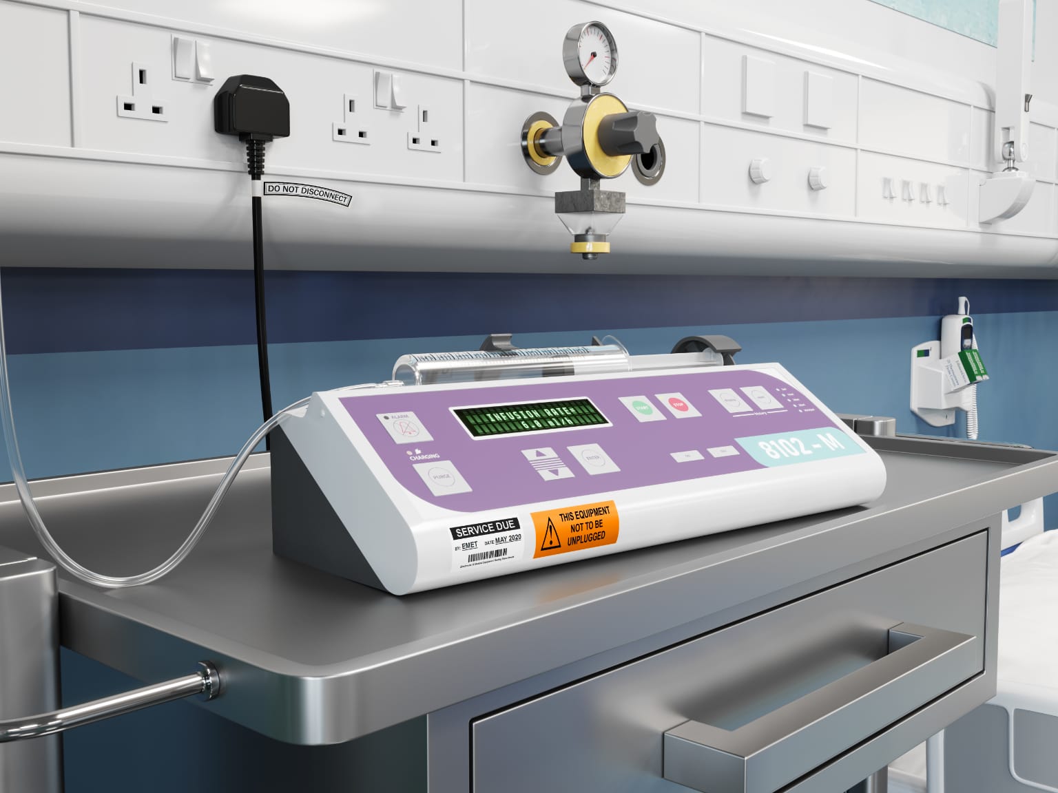 Labels on critical healthcare equipment informing not to unplug the equipment