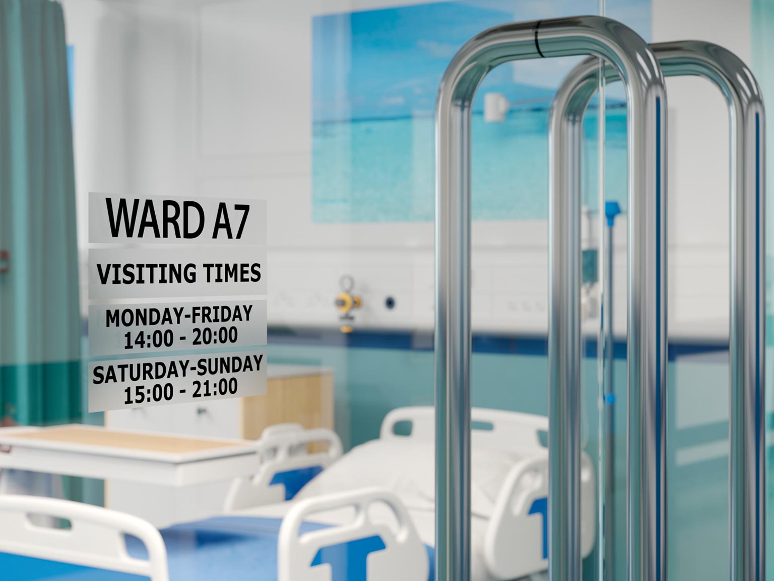 Door sign on hospital ward showing visiting times. Using black on clear tape cassette