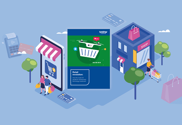 Brochure on a blue background with people shopping, a shop front, a card reader and a shopping bag