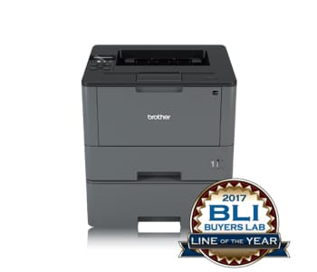 Front view of Brother HL-L5100DNT workgroup mono laser printer on white background with 2017 BLI Buyers Lab line of the year award