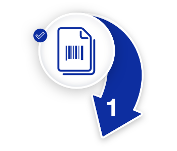 Barcode on a file icon inside a circle with a blue arrow labelled one pointing down