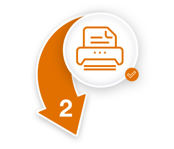 Scanner icon inside a circle with an orange arrow labelled two pointing down