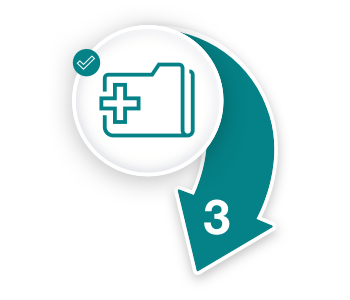 Plus sign on a folder icon inside a circle with a teal arrow labelled three pointing down