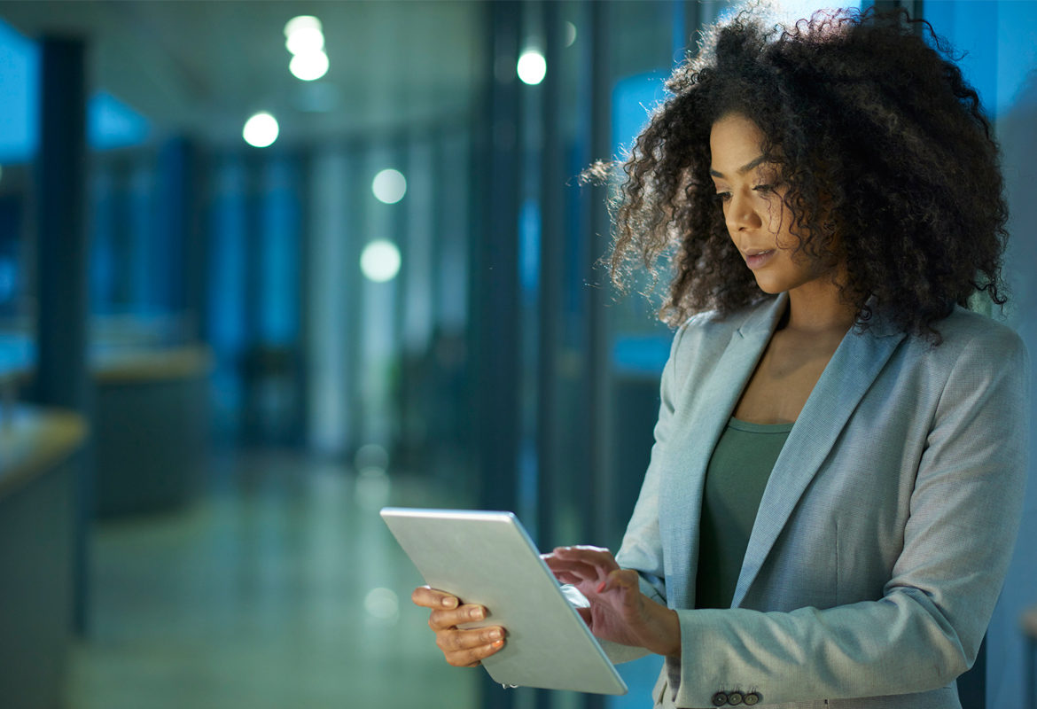 Lady in the defence and security sector on her mobile device