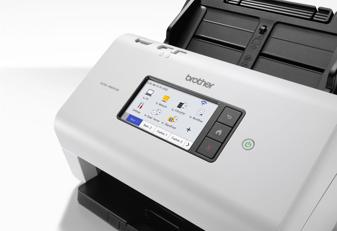 Close up of Brother ADS-4900W desktop document scanner touchscreen