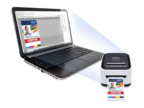 Brother VC-500W colour label printer and P-touch editor software on a laptop