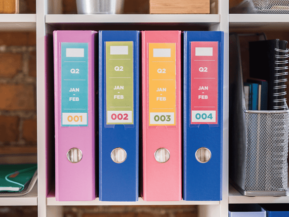Brother full colour labels on file folders in office shelving unit